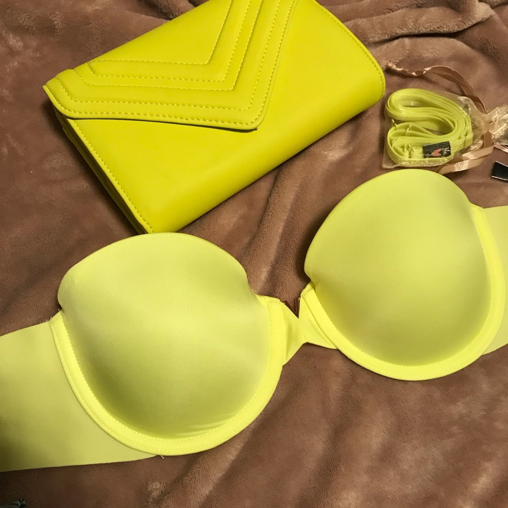 Neon green strapless bra.